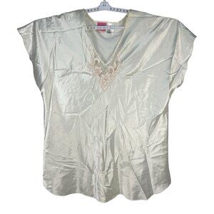 Sleep Solutions Womens 3X Cream Satin Nightgown Embroidered Floral V Neck Lace